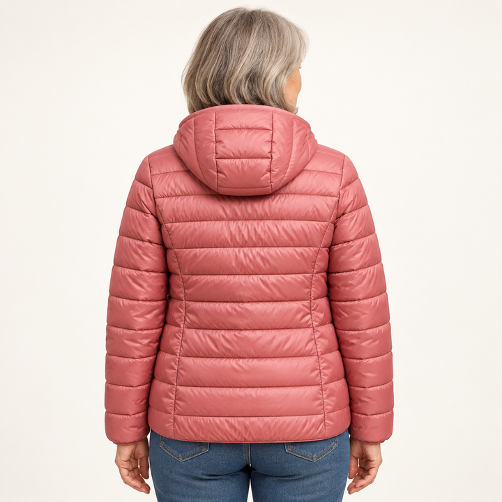 Metta transitional padded jacket in salmon pink — back view