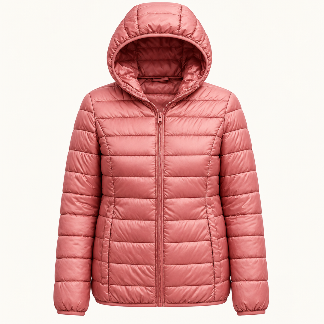 Metta transitional padded jacket in salmon pink — quilted fabric, hood and zip detail