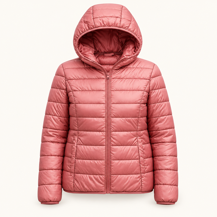 Metta transitional padded jacket in salmon pink — isolated front view