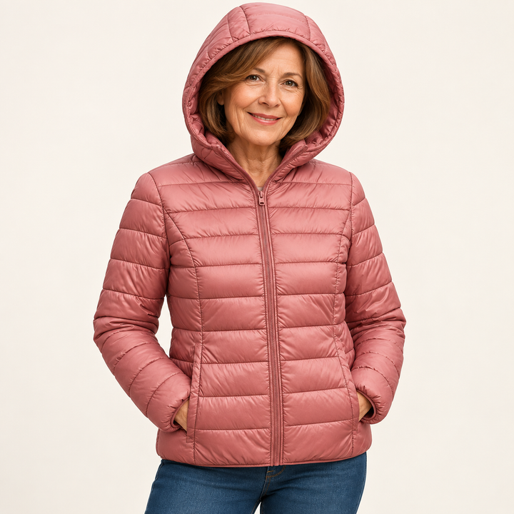 Metta transitional padded jacket in salmon pink — mature model natural pose