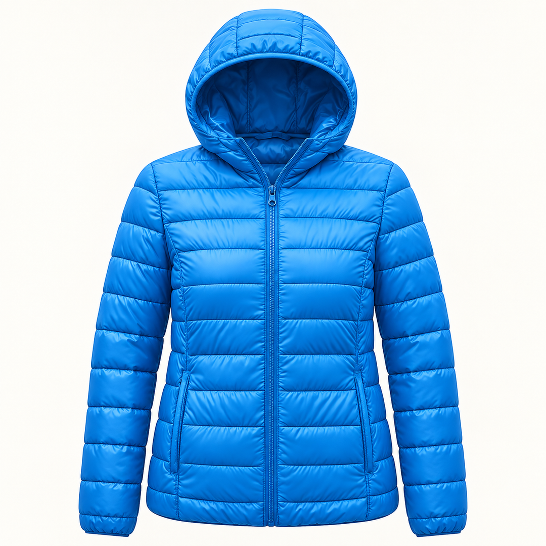 Metta transitional padded jacket in sky blue — quilted fabric, hood and zip detail