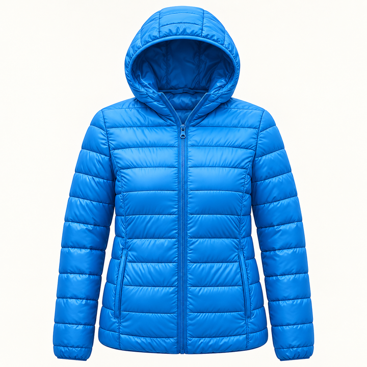 Metta transitional padded jacket in sky blue — quilted fabric, hood and zip detail