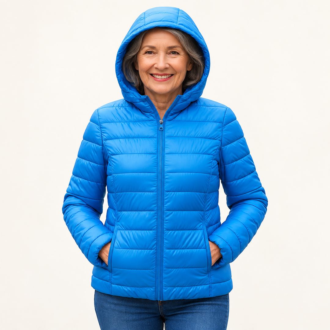 Metta transitional padded jacket in sky blue — mature model front view