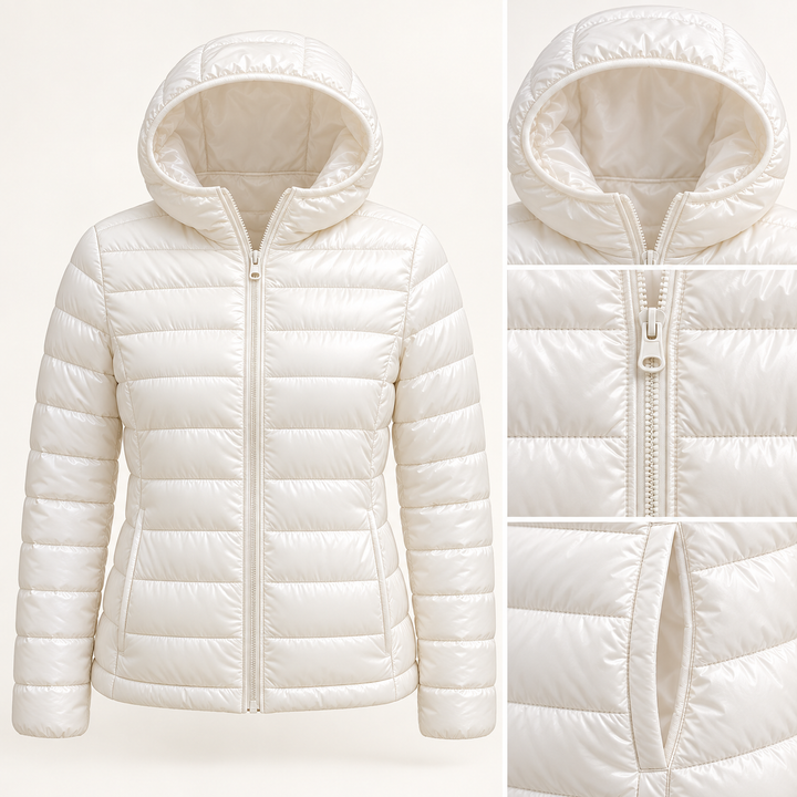 Metta transitional padded jacket in white — quilted fabric, hood and zip detail