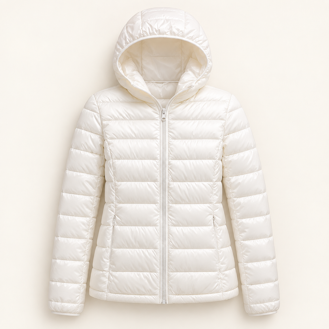 Metta transitional padded jacket in white — isolated front view
