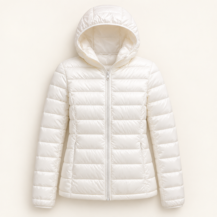 Metta transitional padded jacket in white — isolated front view