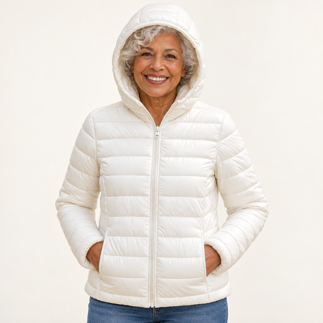 Metta transitional padded jacket in white — mature model front view