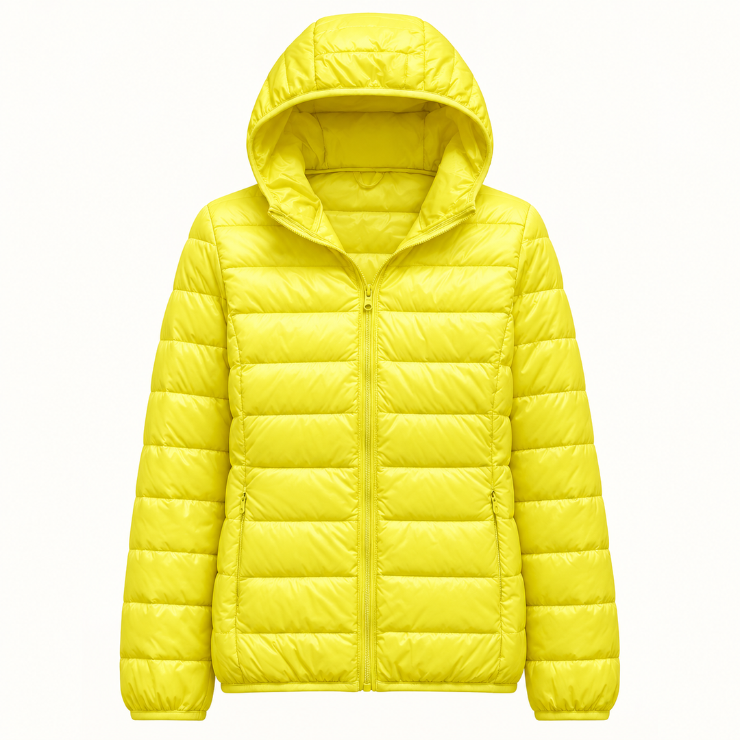 Metta transitional padded jacket in yellow — quilted fabric, hood and zip detail