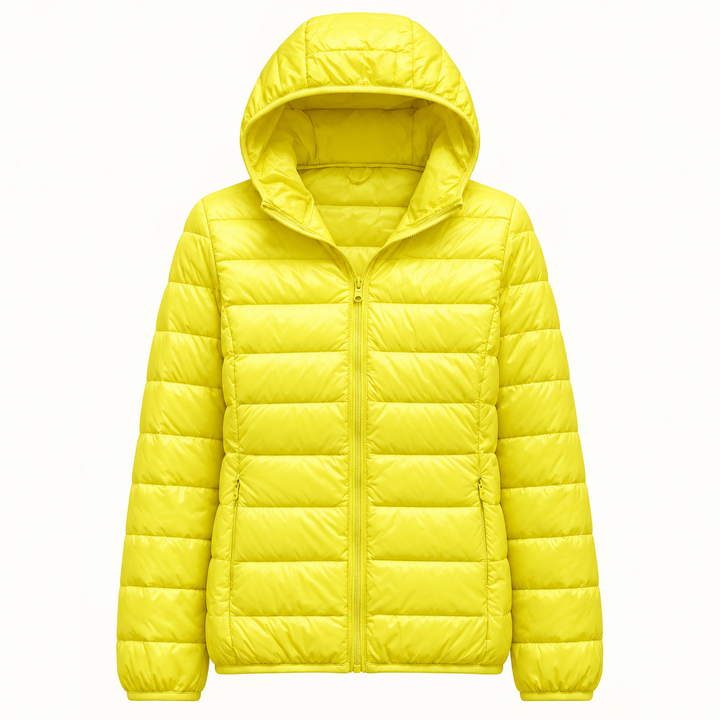 Metta transitional padded jacket in yellow — quilted fabric, hood and zip detail