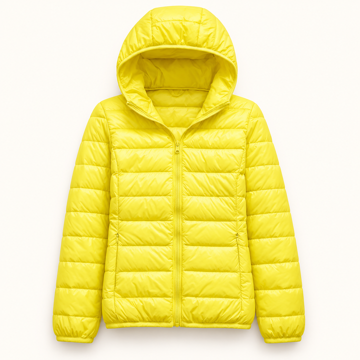 Metta transitional padded jacket in yellow — isolated front view