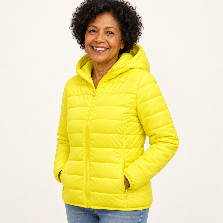 Metta transitional padded jacket in yellow — mature model three-quarter view