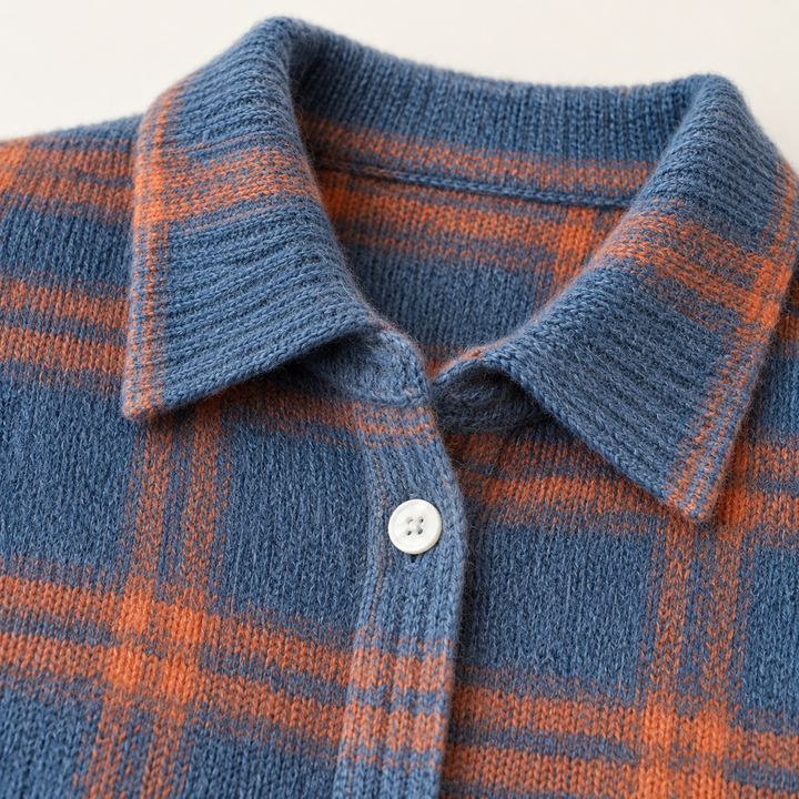 MIRELLA blue and rust knit fabric, collar and button finish close-up