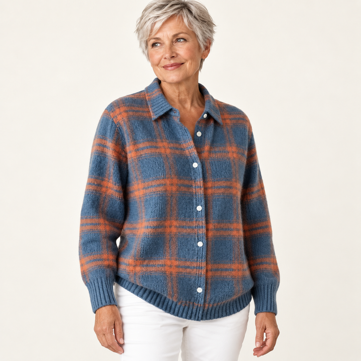 MIRELLA checked knit shirt worn by a mature British woman in a three-quarter studio view