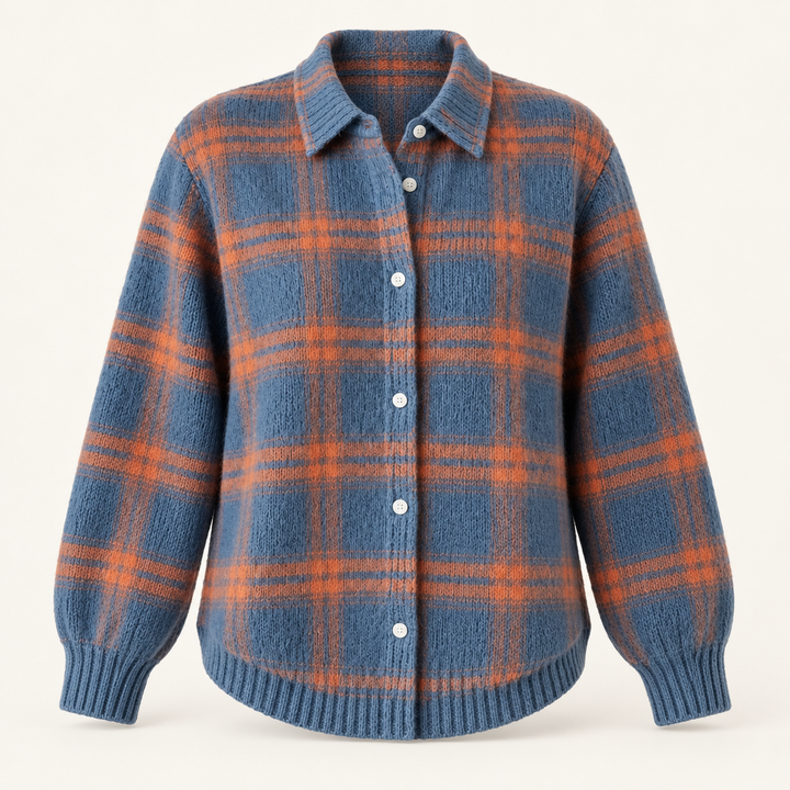MIRELLA blue and rust checked knit shirt isolated on a clean warm off-white background