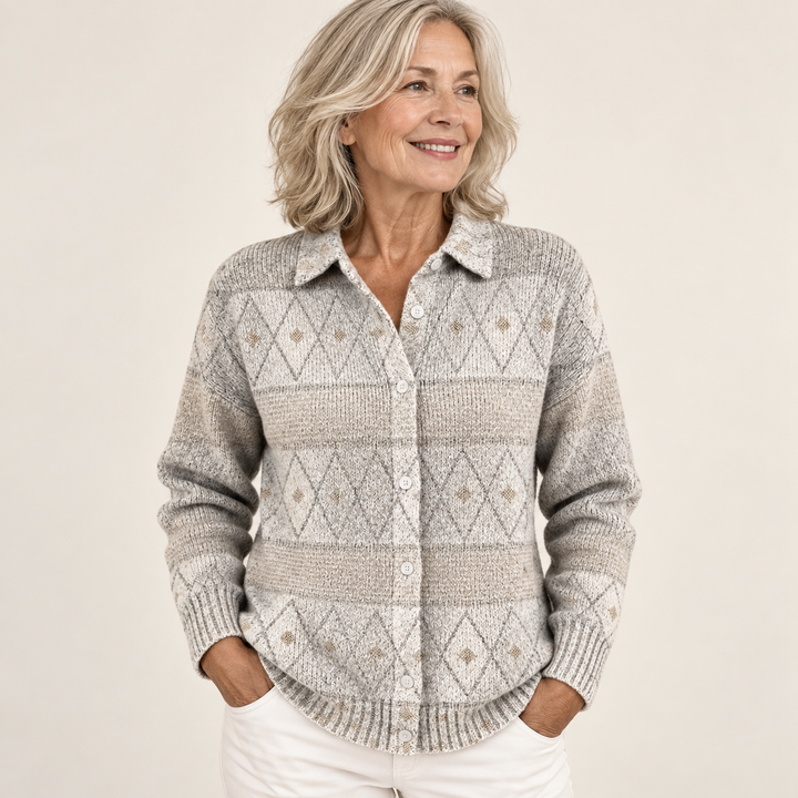 MONIRA blouse — clean studio context on mature model