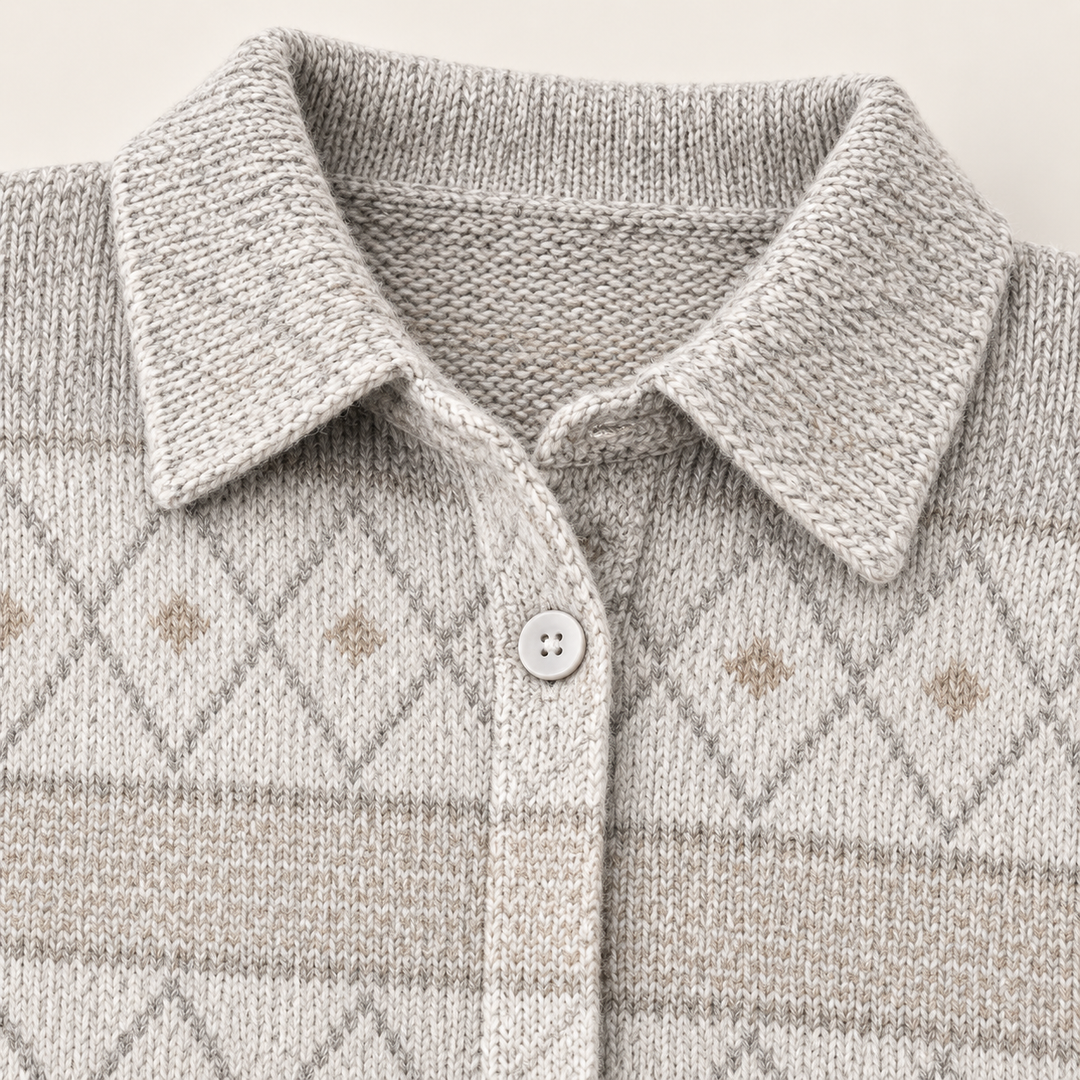 MONIRA neutral patterned knit fabric, collar and button finish close-up