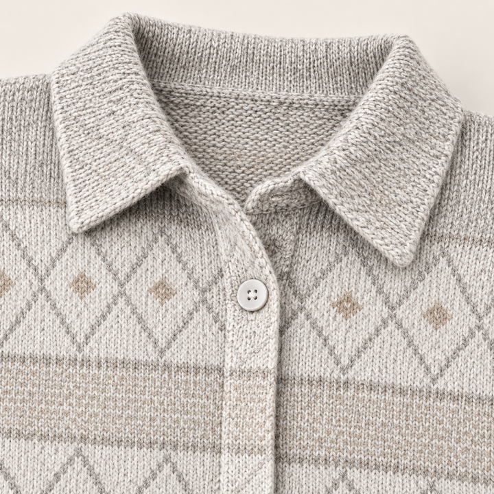 MONIRA neutral patterned knit fabric, collar and button finish close-up