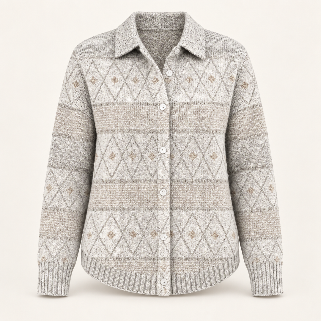MONIRA pale patterned knit shirt isolated on a clean warm off-white background