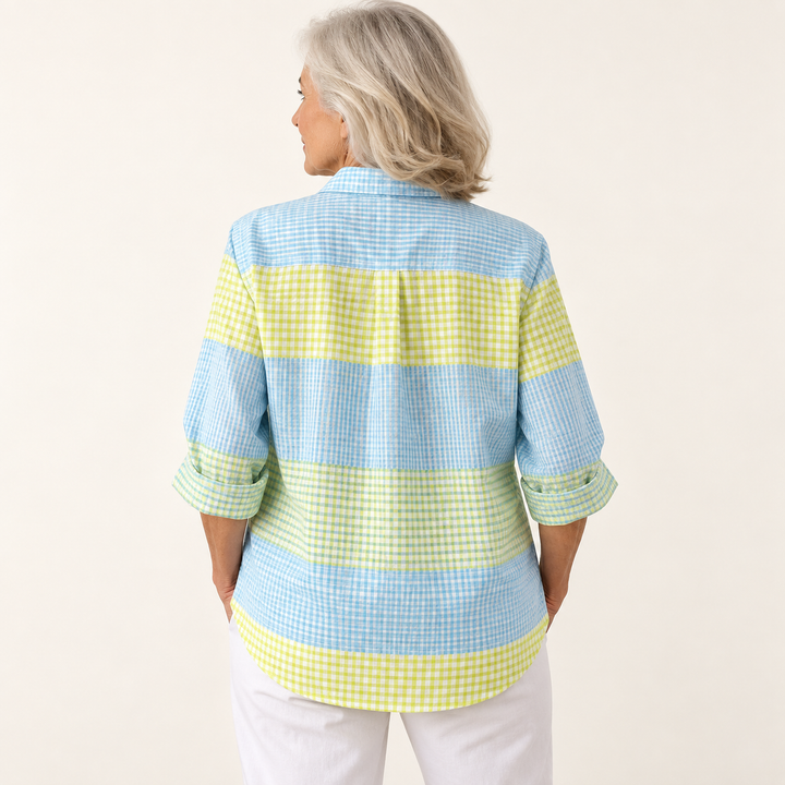 Muirne pastel check shirt on mature model, back view