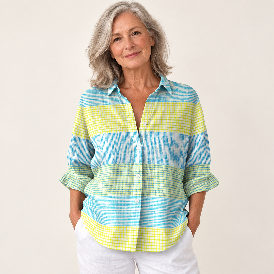 Muirne checkered blouse on mature model, front view