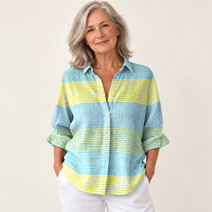 Muirne checkered blouse on mature model, front view