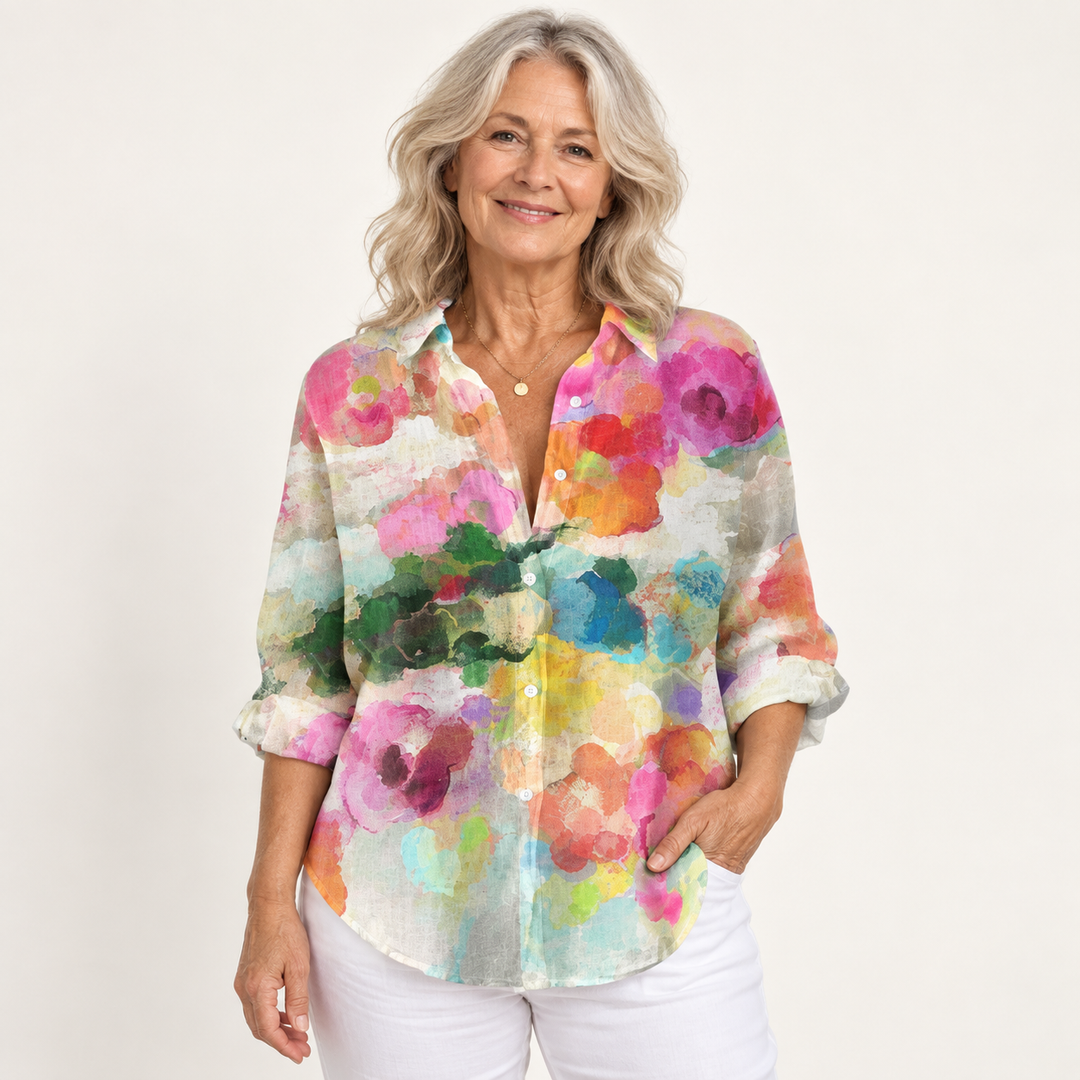 Nábla patchwork blouse on mature model, front view