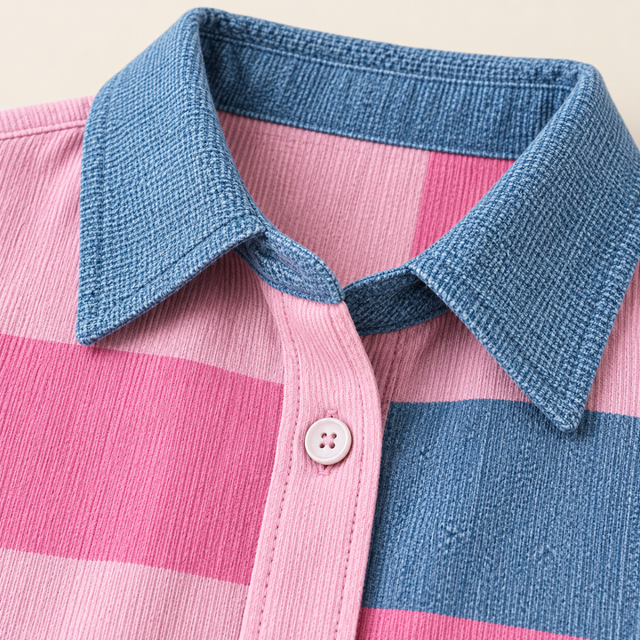 NORAYA pink and blue fabric, collar and button finish close-up