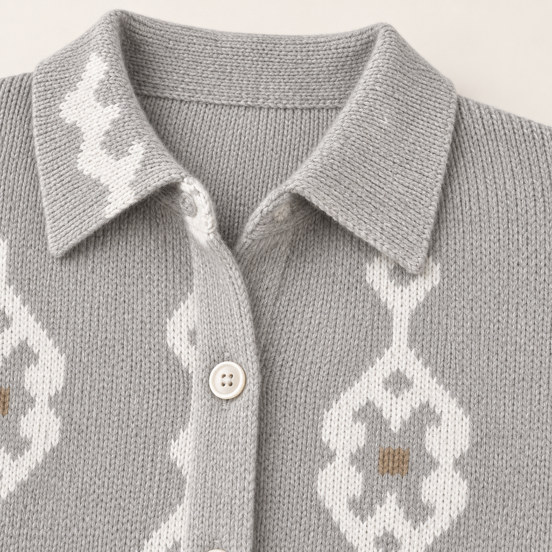 RENAE grey and ivory knit pattern, collar and button finish close-up
