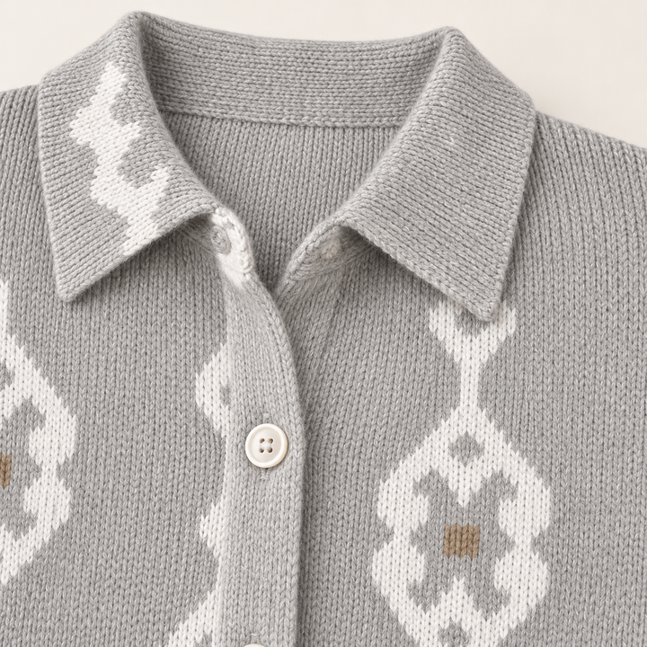 RENAE grey and ivory knit pattern, collar and button finish close-up