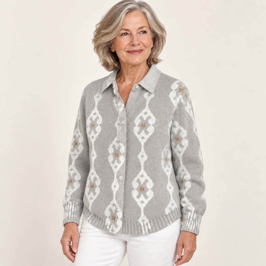 RENAE patterned knit shirt worn by a mature British woman in a three-quarter studio view