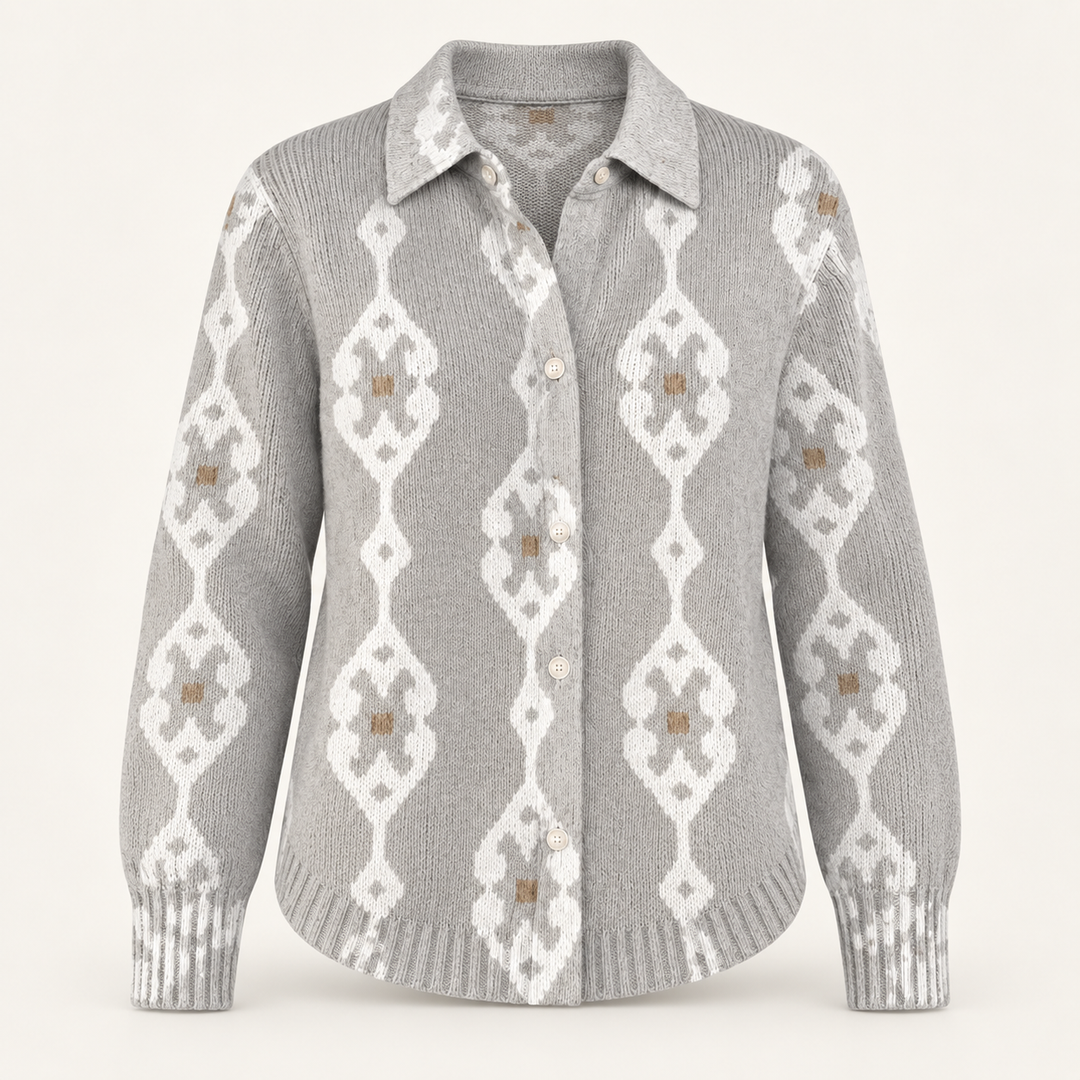 RENAE light grey patterned knit shirt isolated on a clean warm off-white background
