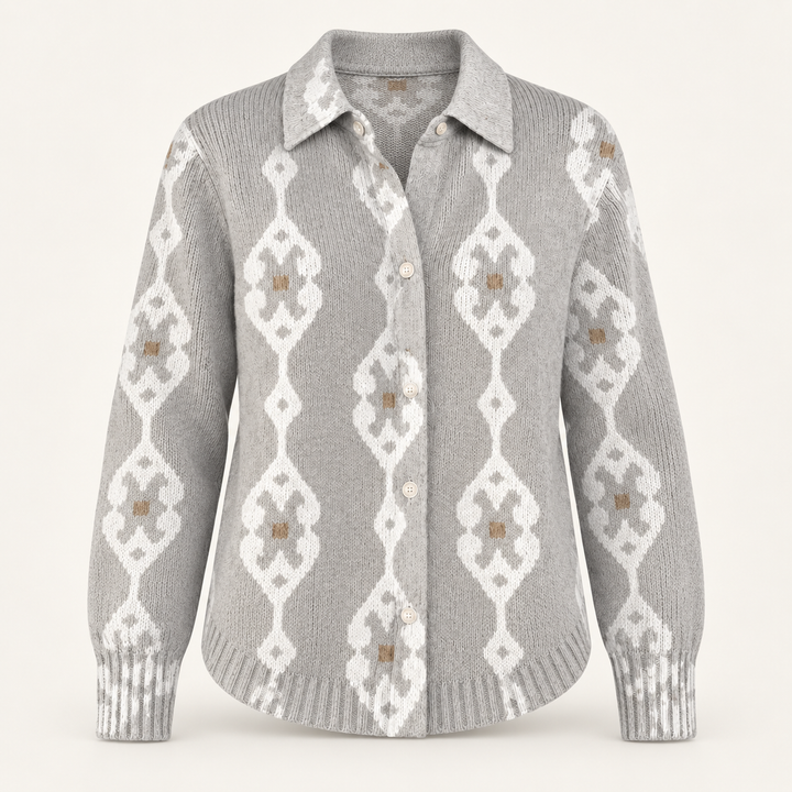 RENAE light grey patterned knit shirt isolated on a clean warm off-white background