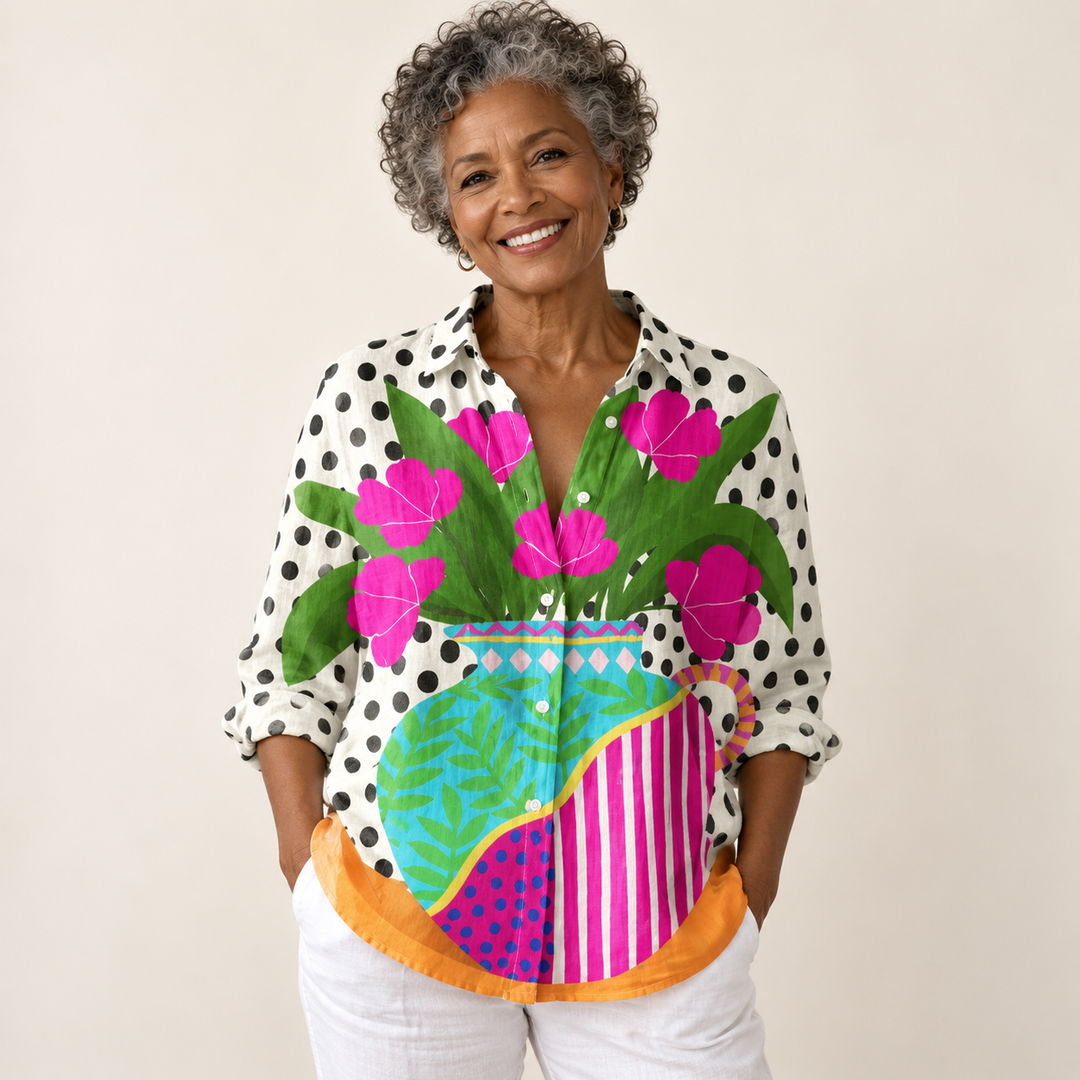 Róisín rose floral blouse on mature model, front view