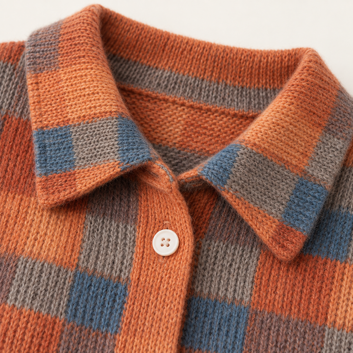 SAFIYA orange grey and blue knit fabric, collar and button finish close-up