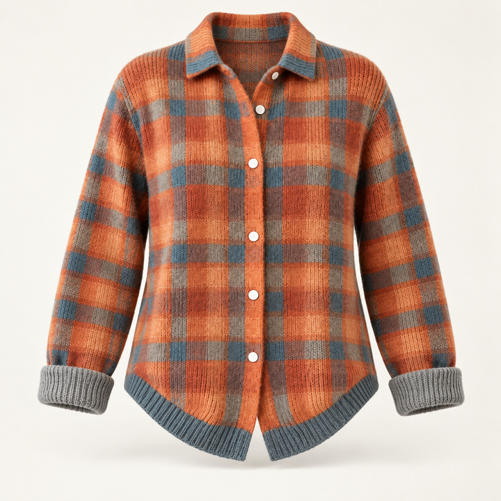 SAFIYA orange grey and blue checked knit shirt isolated on a clean warm off-white background