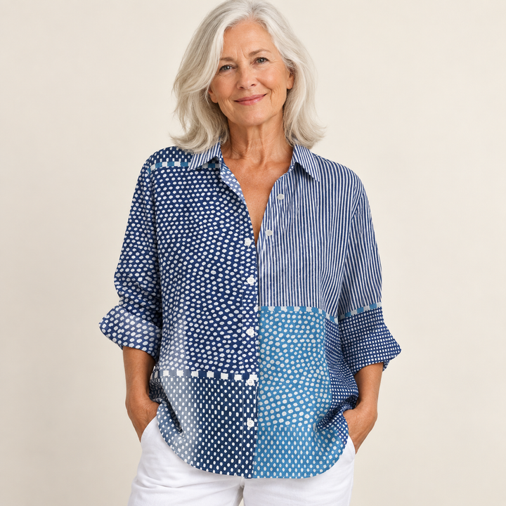 Sláine blue print blouse on mature model, front view