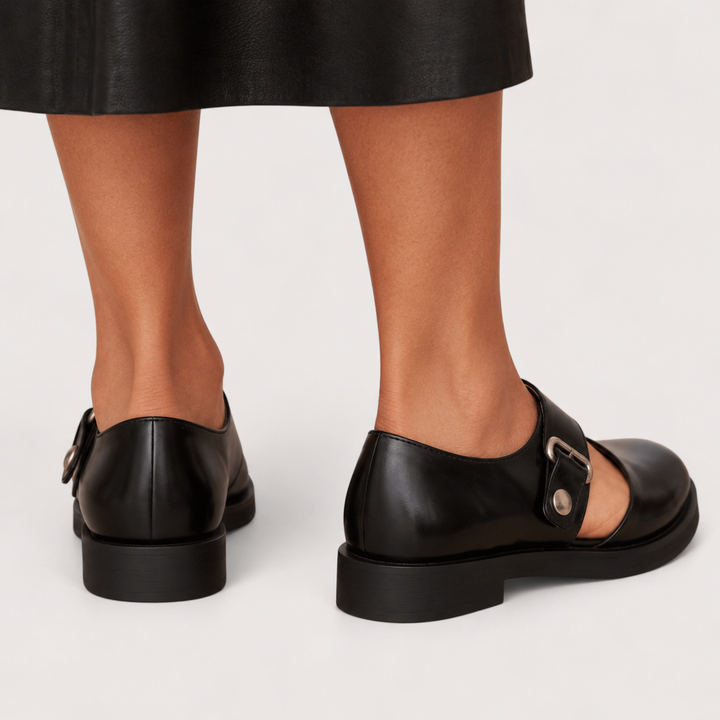 Sofia black wide-strap shoes, rear and heel view