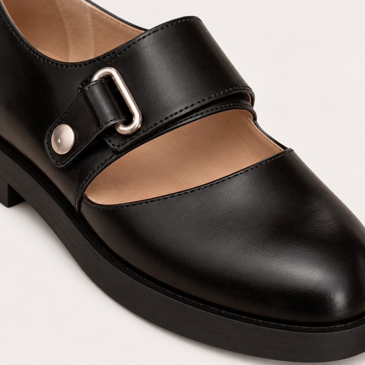 Sofia black wide-strap shoe, buckle and finish detail