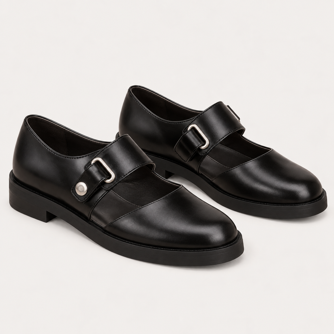 Sofia black wide-strap shoes isolated, front three-quarter view