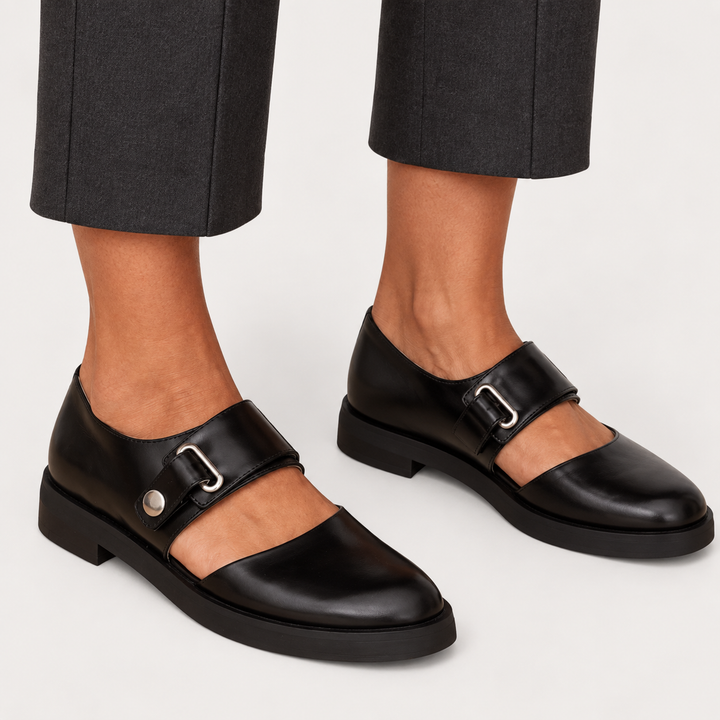 Sofia black wide-strap shoes worn, product-focused main view