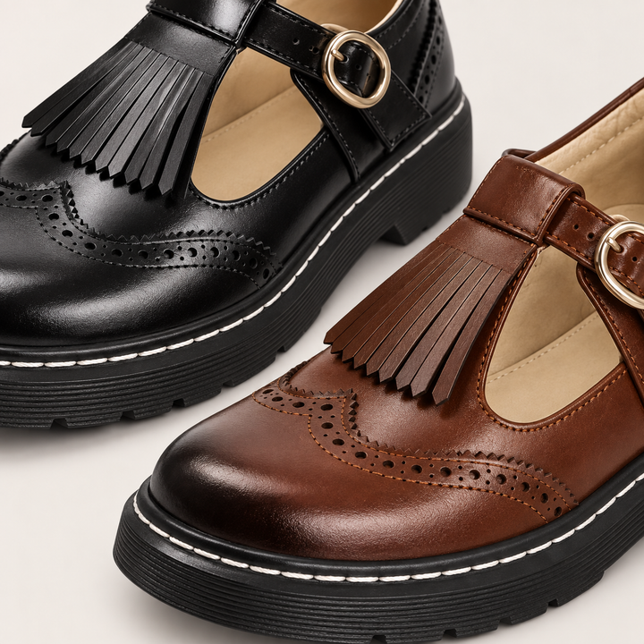 Sofia Mary Jane shoes close-up of fringe brogue detail and sole