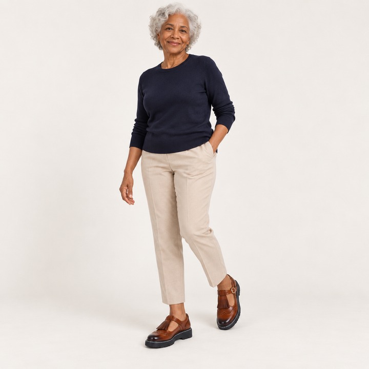 Sofia Brown Mary Jane shoes styled on a mature model