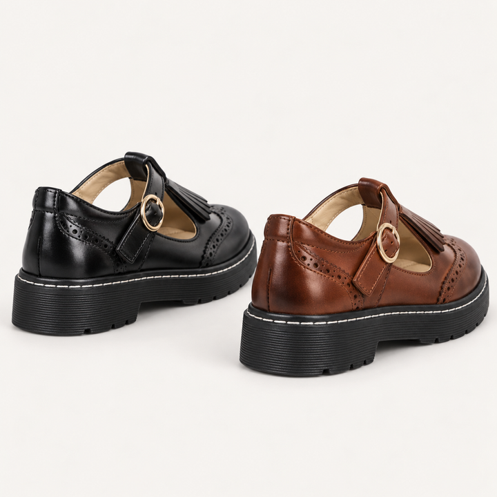 Sofia Mary Jane shoes rear view in Black and Brown