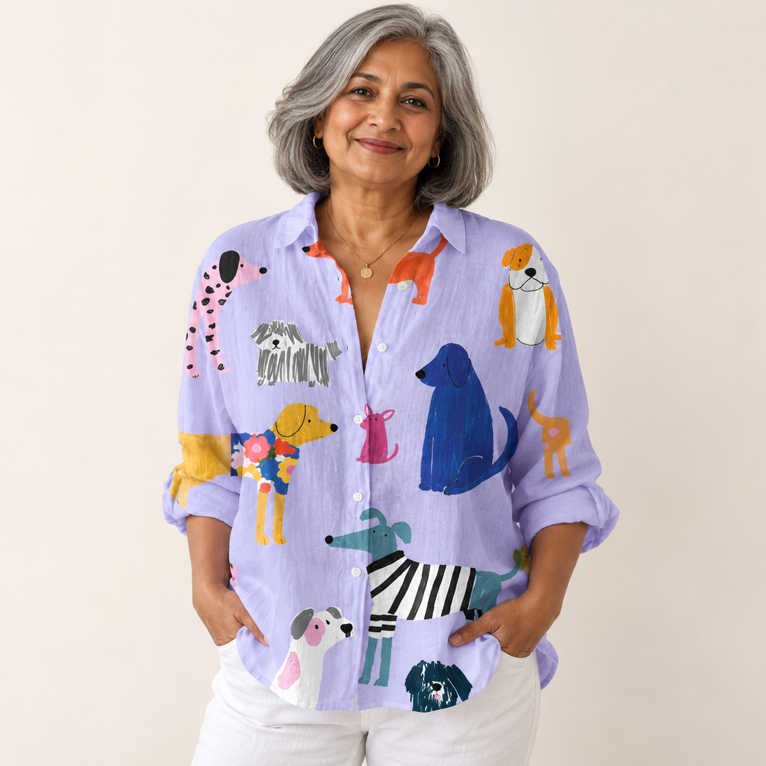 Sorcha dog-print blouse on mature model, front view