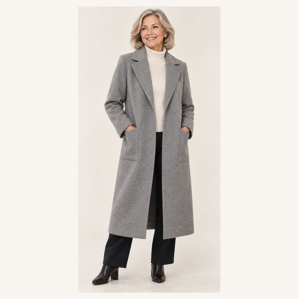 Women's Straight-Cut Long Coat – Wool Look — senior model — front
