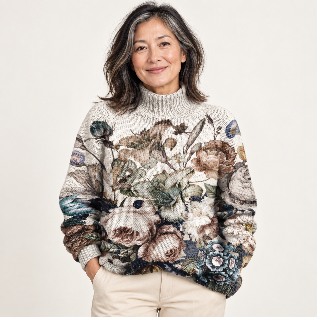 Susan artistic knit jumper on a mature model