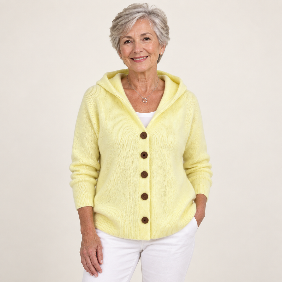 Teri | Lightweight Hooded Cardigan worn by a mature woman on a clean background