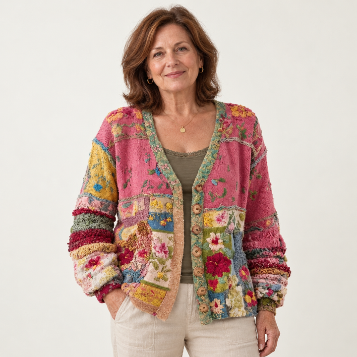 Marvelia | Patchwork Knit Cardigan with Floral Embroidery worn by a mature woman on a clean background