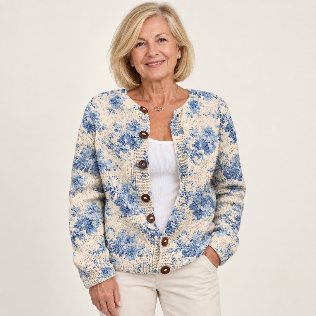 Daysie | Vintage Knit Cardigan worn by a mature woman on a clean background