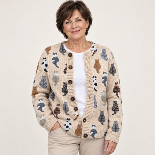 Charlotte | Cat-Print Buttoned Knit Cardigan